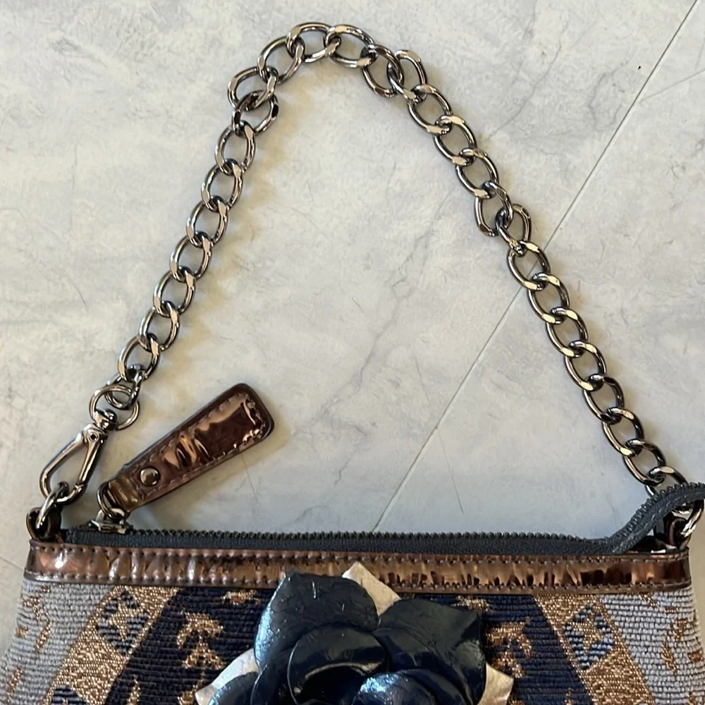 Sharif Tapestry Satchel navy/gold expanding bottom velvety gunmetal NWOT